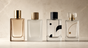 Four custom glass bottles showing color spraying, frosting, screen printing and gold decoration finishes