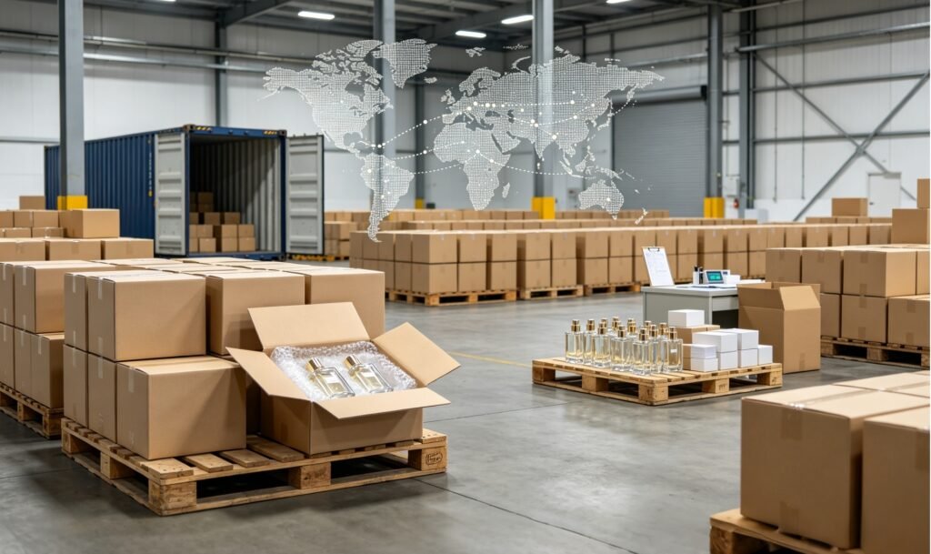 Qunyi Glass perfume bottle export packing and container shipping logistics from Xuzhou Jiangsu China