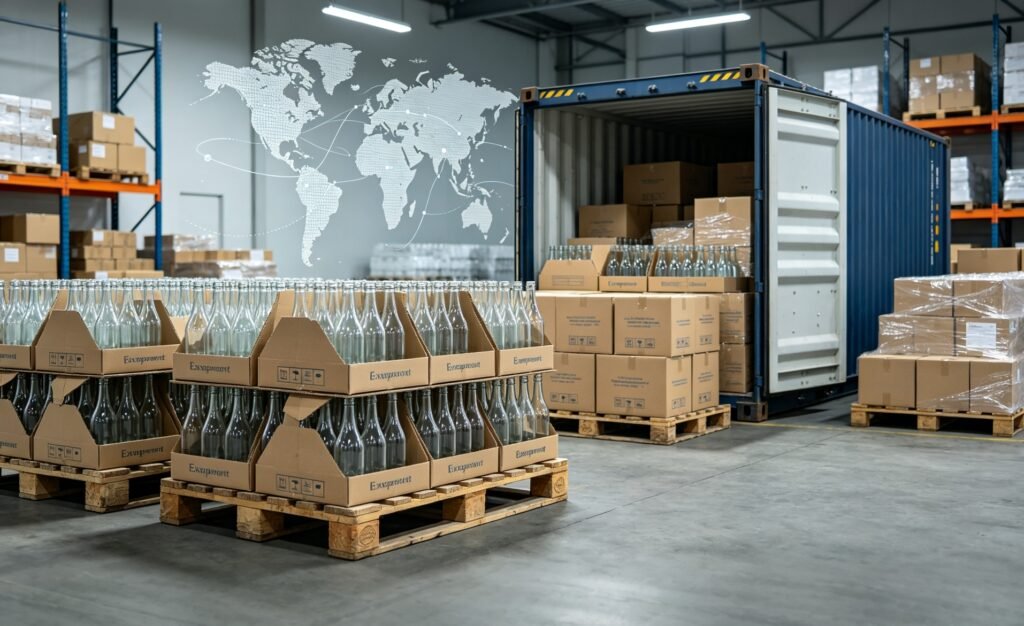 Qunyi Glass export logistics with palletized glass bottle cartons and containers shipping to 30+ countries from Xuzhou Jiangsu China