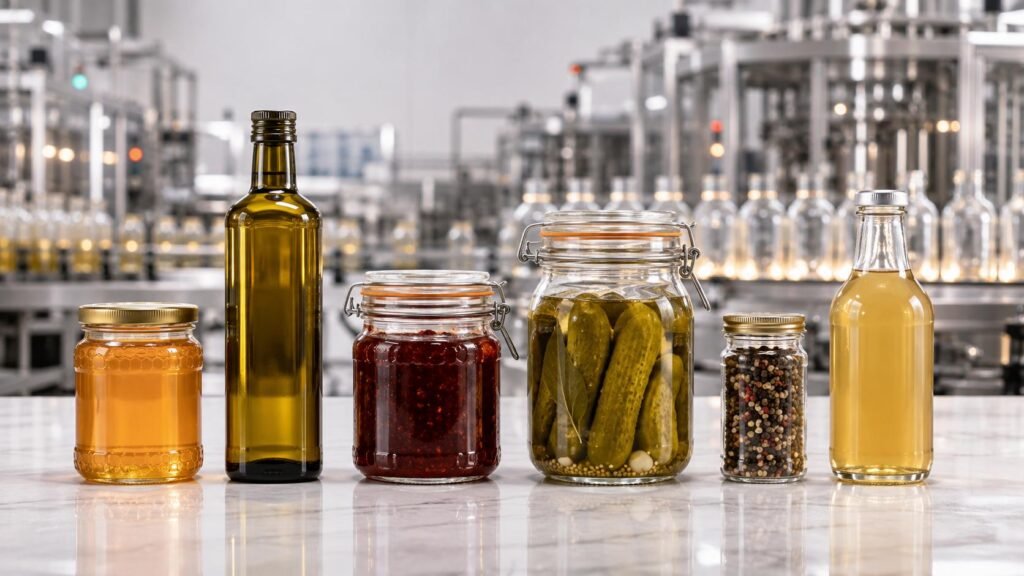 Food grade glass bottles and jars including honey, olive oil, jam, pickle and spice packaging from Qunyi Glass in Xuzhou Jiangsu