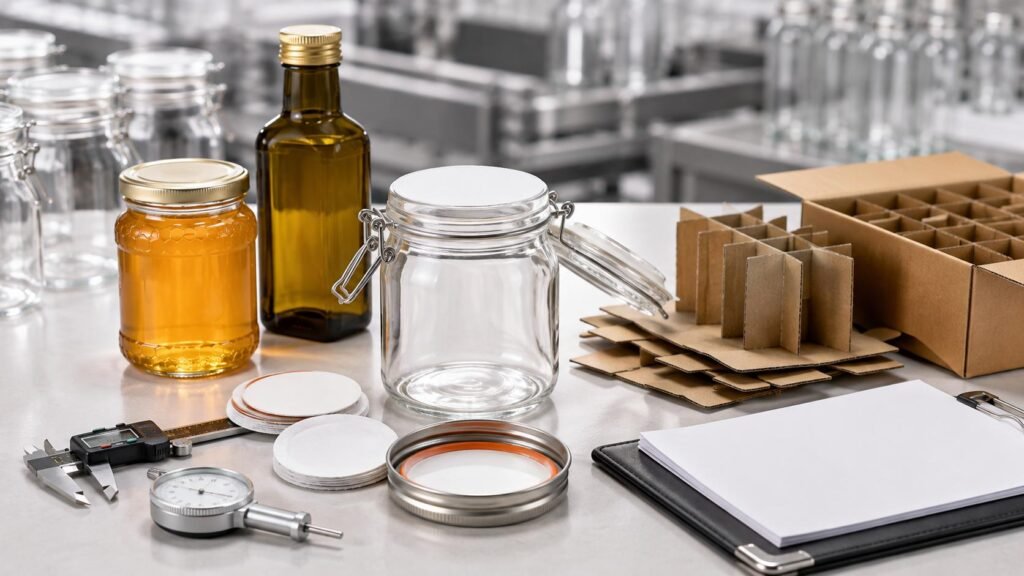 Food grade glass jar closures, metal lug lids with gaskets, dial gauge and partition inserts for quality inspection from Qunyi Glass in Xuzhou Jiangsu