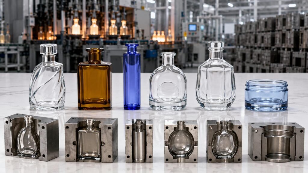Six custom glass bottle shapes paired with their individual opened metal molds on a forming line background from Qunyi Glass in Xuzhou Jiangsu