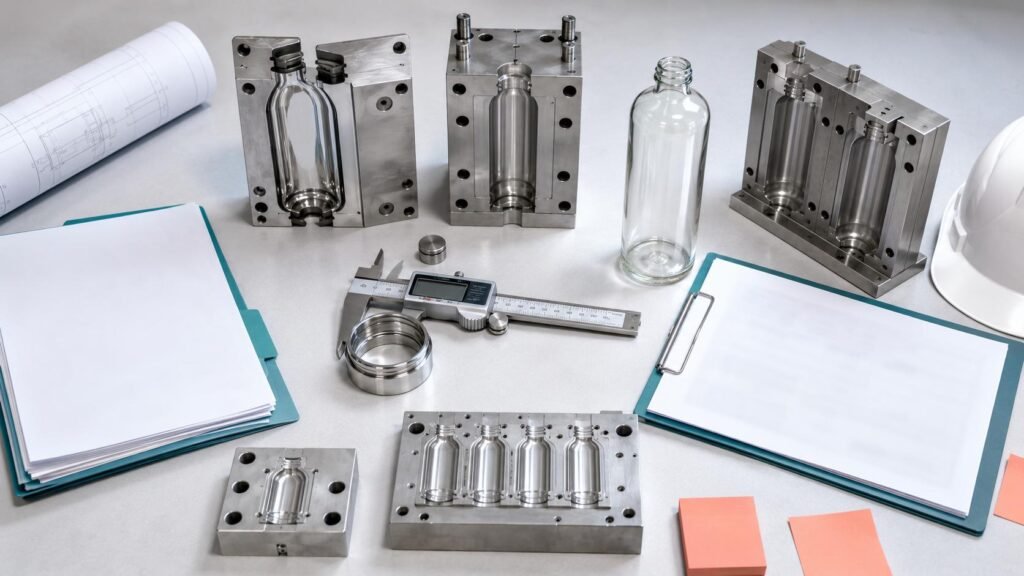 Mold engineering desk with opened bottle molds, neck rings, digital caliper, sample blocks, drawing roll and blank inspection sheets from Qunyi Glass in Xuzhou Jiangsu