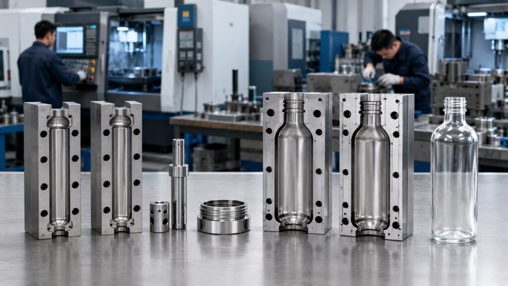 Disassembled custom glass bottle mold set including blank mold, blow mold, neck ring and plunger laid out in a Chinese toolroom with CNC machines in the background, from Qunyi Glass in Xuzhou Jiangsu