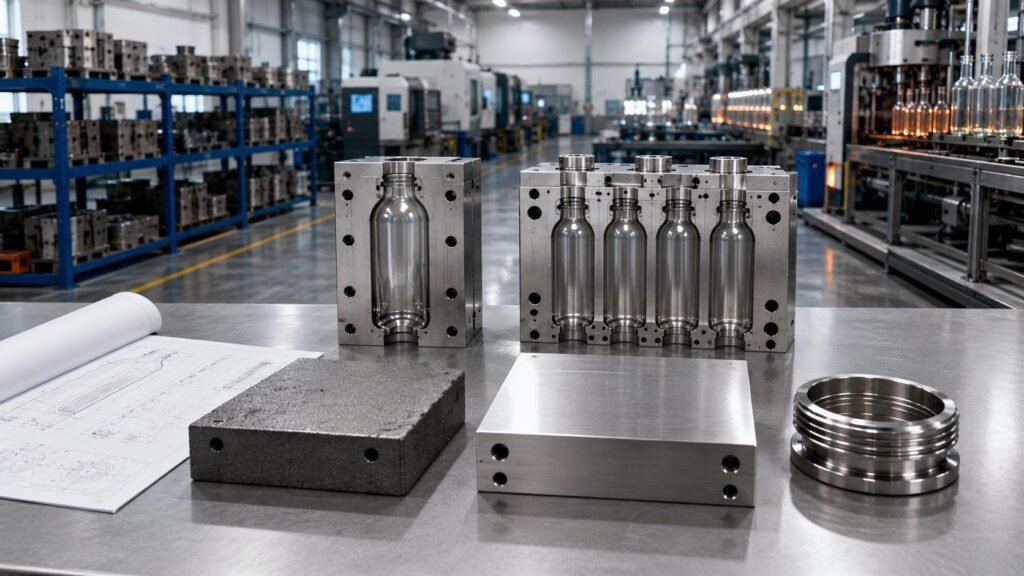 Cavity count comparison for custom glass bottle molds: single-cavity cast iron blank, four-cavity polished set and neck ring laid out on a Chinese toolmaker bench with mold storage racks behind, from Qunyi Glass in Xuzhou Jiangsu