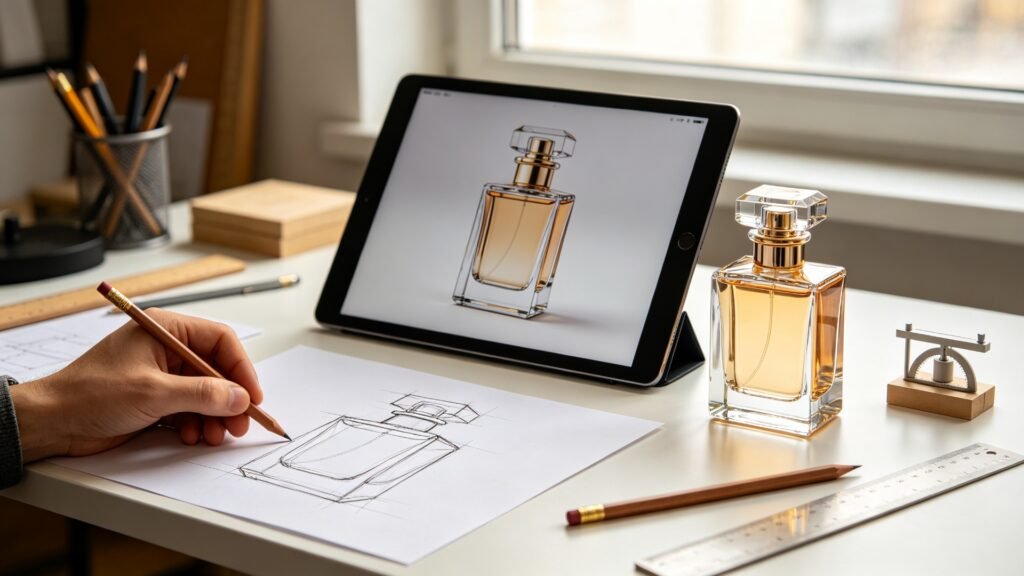 Custom Perfume Glass Bottle design process sketch to production by Qunyi Glass