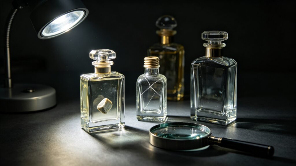 Custom Perfume Glass Bottle common defects stones cracks birdswings inspection by Qunyi Glass