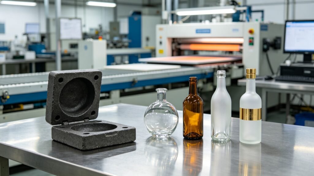 OEM custom glass bottle mold development and deep processing at Qunyi Glass export factory in Xuzhou Jiangsu China