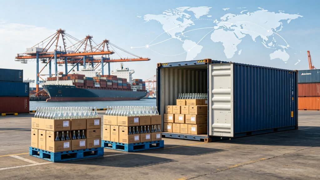 Glass bottle export shipping container and port logistics from Qunyi Glass factory China to global buyers