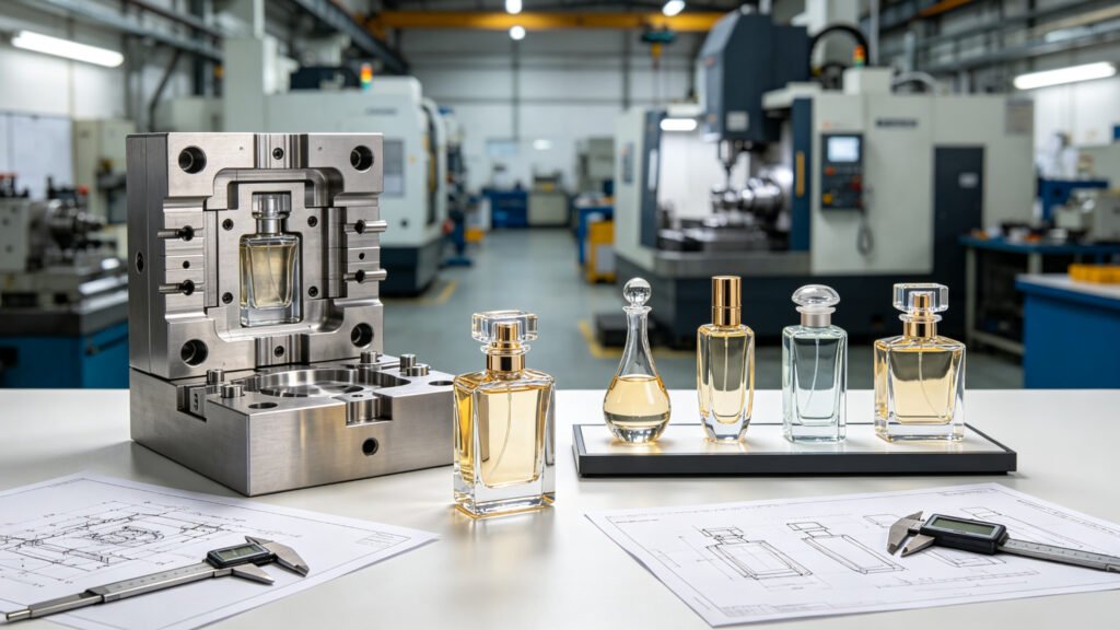 Custom perfume bottle mold development and sampling in a Chinese glass factory from steel mold to first glass samples