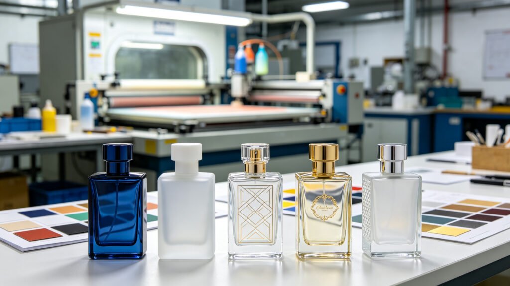 Custom perfume bottle deep processing techniques spray coating silk-screen hot stamping frosting and engraving in a glass factory