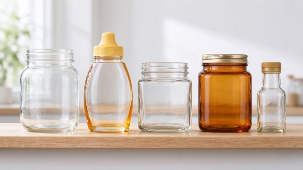 Food-safe glass jar formats for honey jam and pickled foods