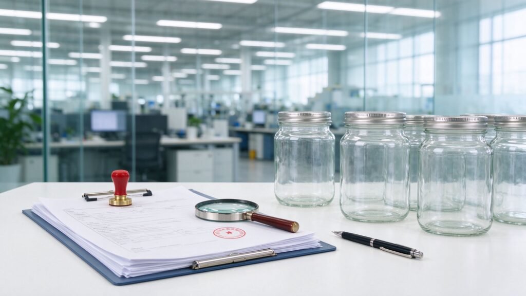 Food-grade glass jars prepared for factory compliance review