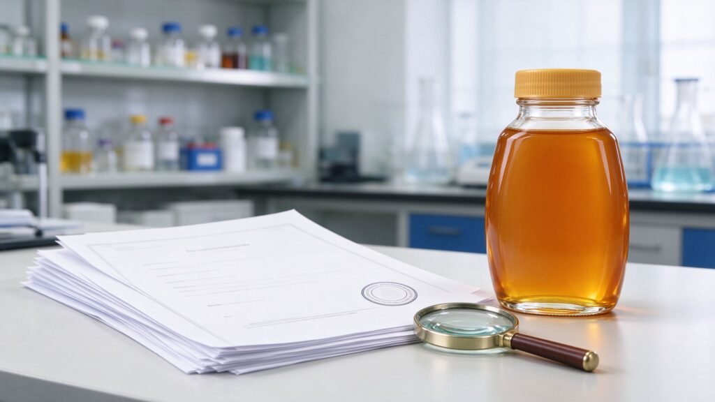 Food-contact compliance documents for honey bottle sourcing