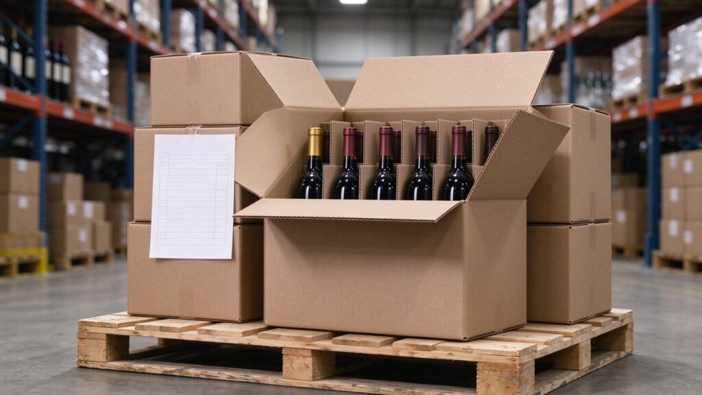 Custom wine glass bottles prepared for export shipment