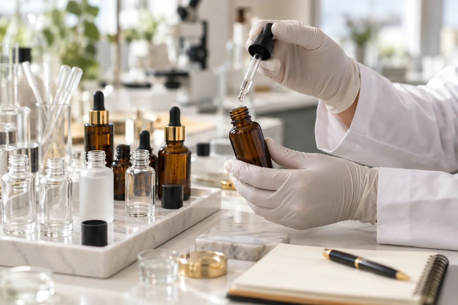 Packaging technician evaluating an amber glass dropper bottle and pipette