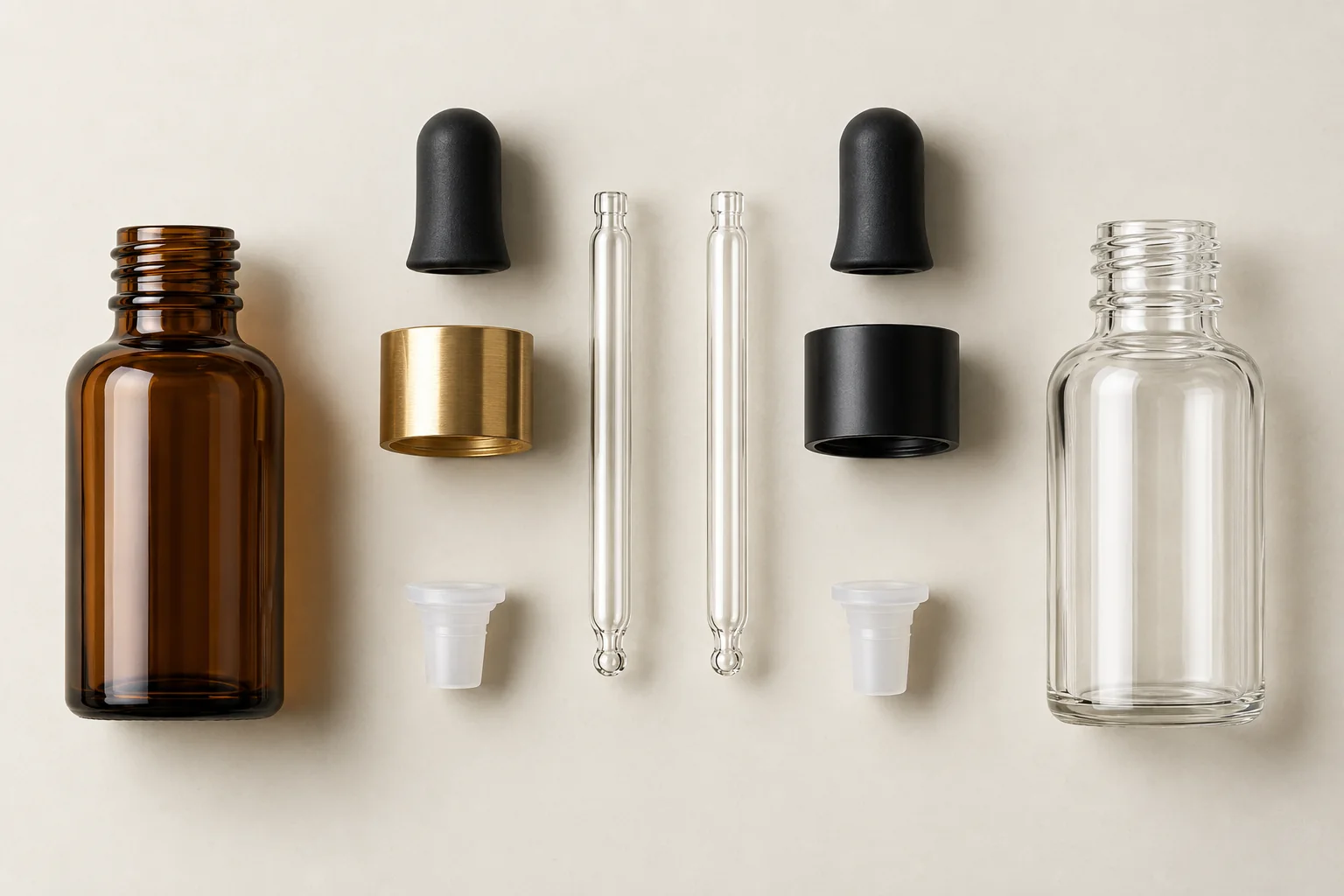 Glass dropper bottle components including bulbs, collars, pipettes and wiper inserts
