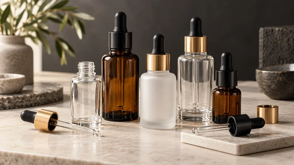 Clear, amber and frosted glass dropper bottles with coordinated pipettes and closures