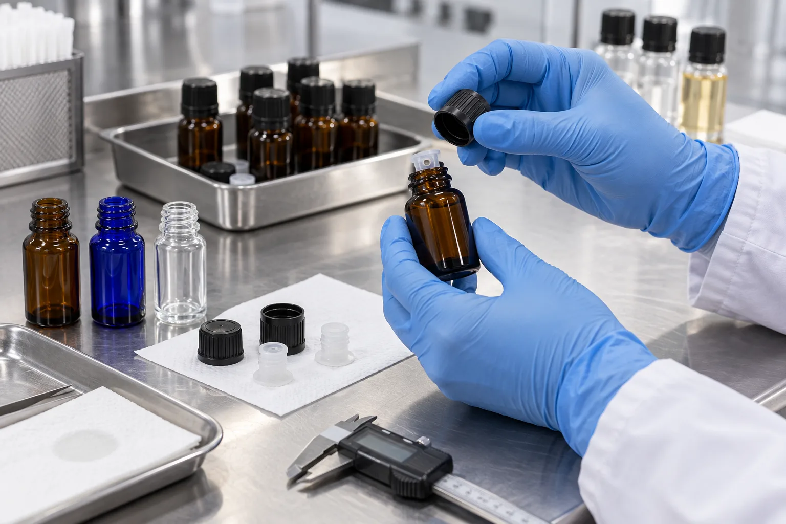 Packaging technician checking an amber essential oil bottle, orifice reducer and screw cap