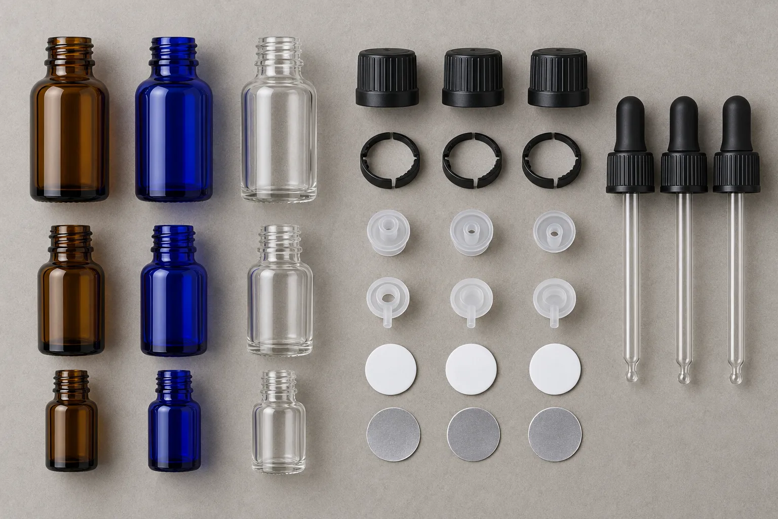 Essential oil glass bottles with caps, orifice reducers, sealing liners and pipette droppers arranged for comparison