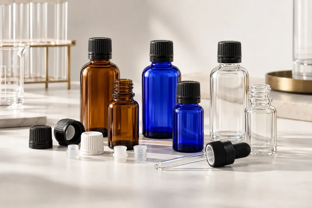 Amber, cobalt blue and clear essential oil glass bottles with coordinated caps and dispensing components