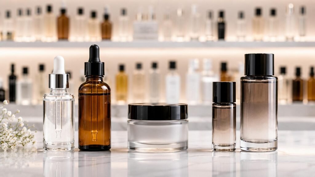 Cosmetic glass bottle packaging types including dropper bottles, cream jars, pump bottles, spray bottles and perfume bottles